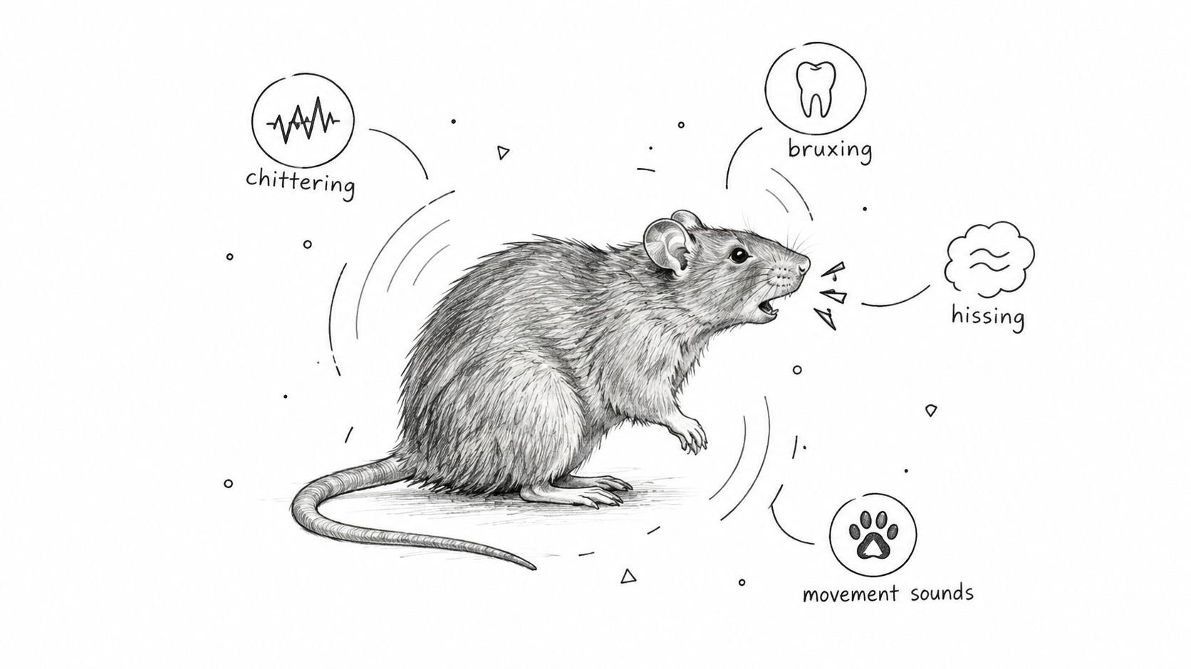A pencil sketch of a rat surrounded by circular icons representing its different vocalizations and noises.