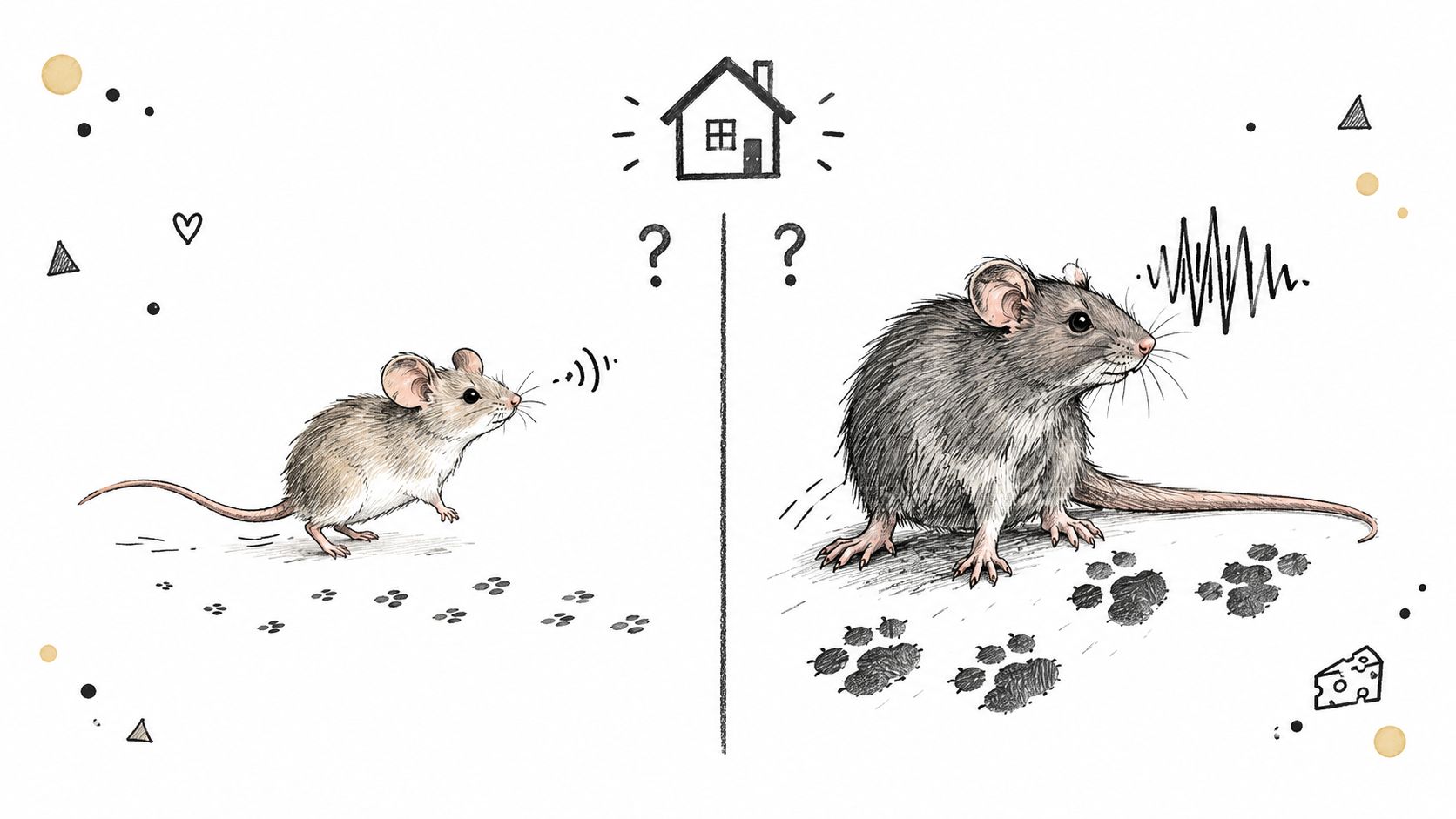 An illustration comparing a small mouse to a large rat, highlighting their different footprints and noises.