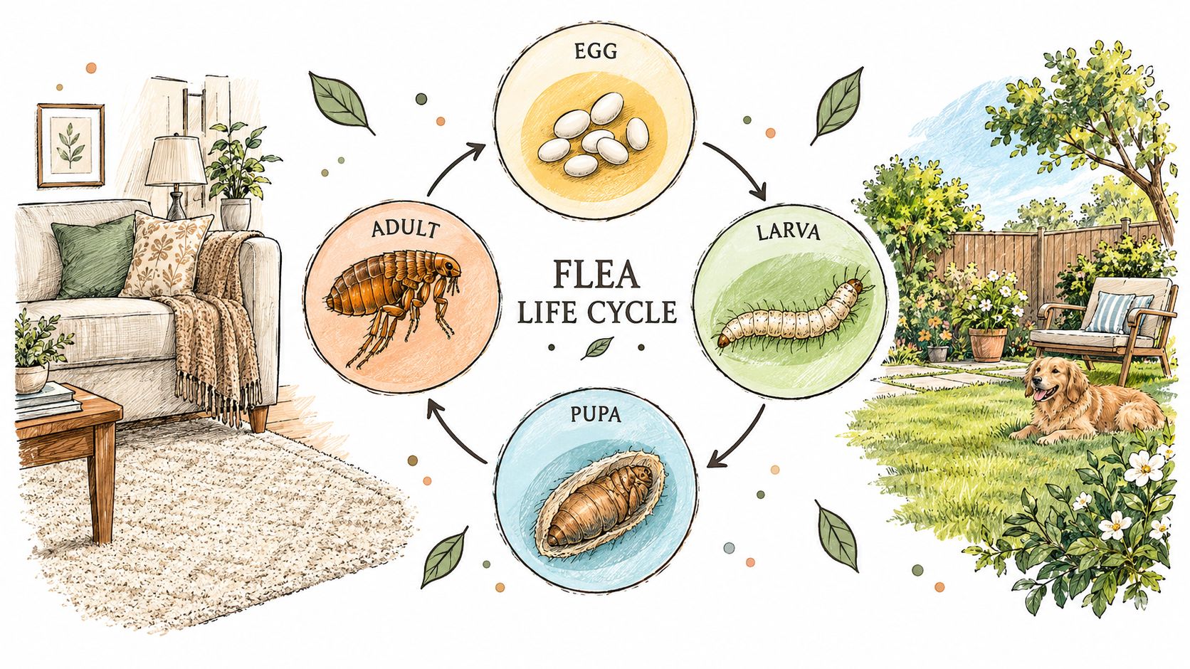 A detailed illustration showing the four stages of the flea life cycle: egg, larva, pupa, and adult.