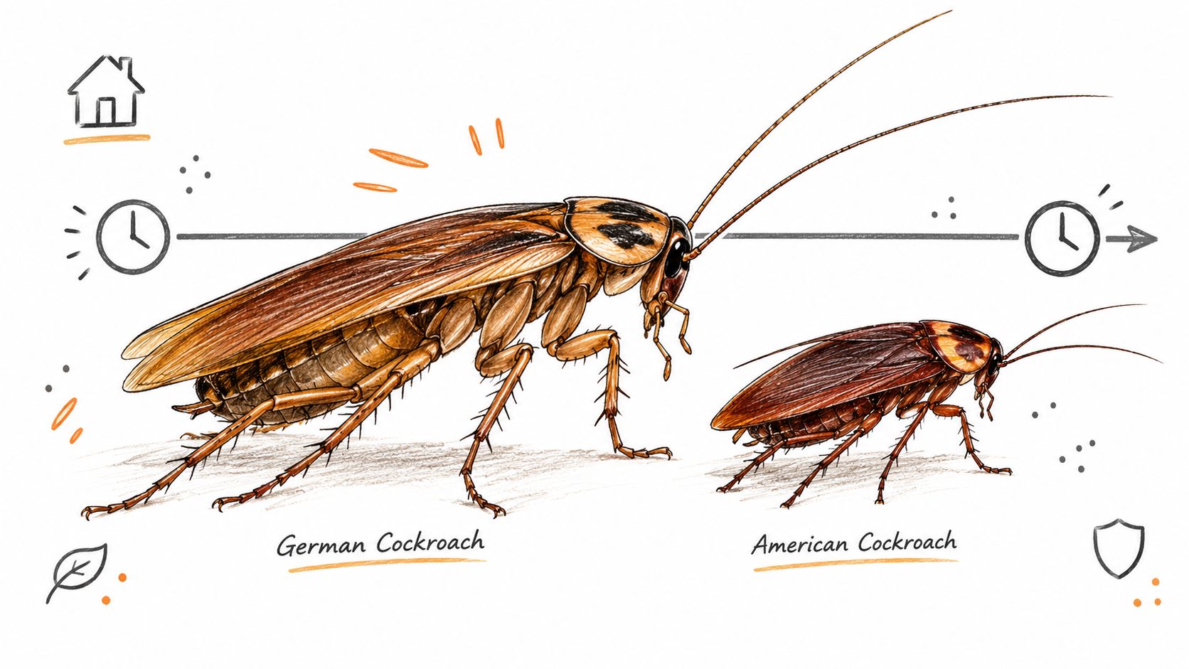 A detailed illustration comparing the size and physical characteristics of a German cockroach and an American cockroach.