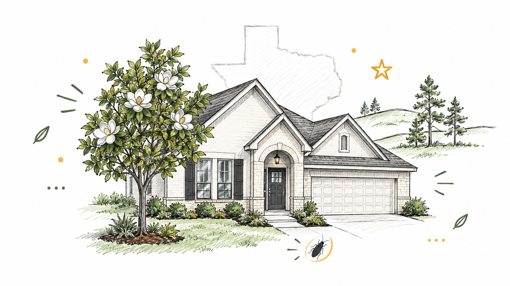 A detailed sketch of a house with a magnolia tree and a cockroach icon in the foreground.