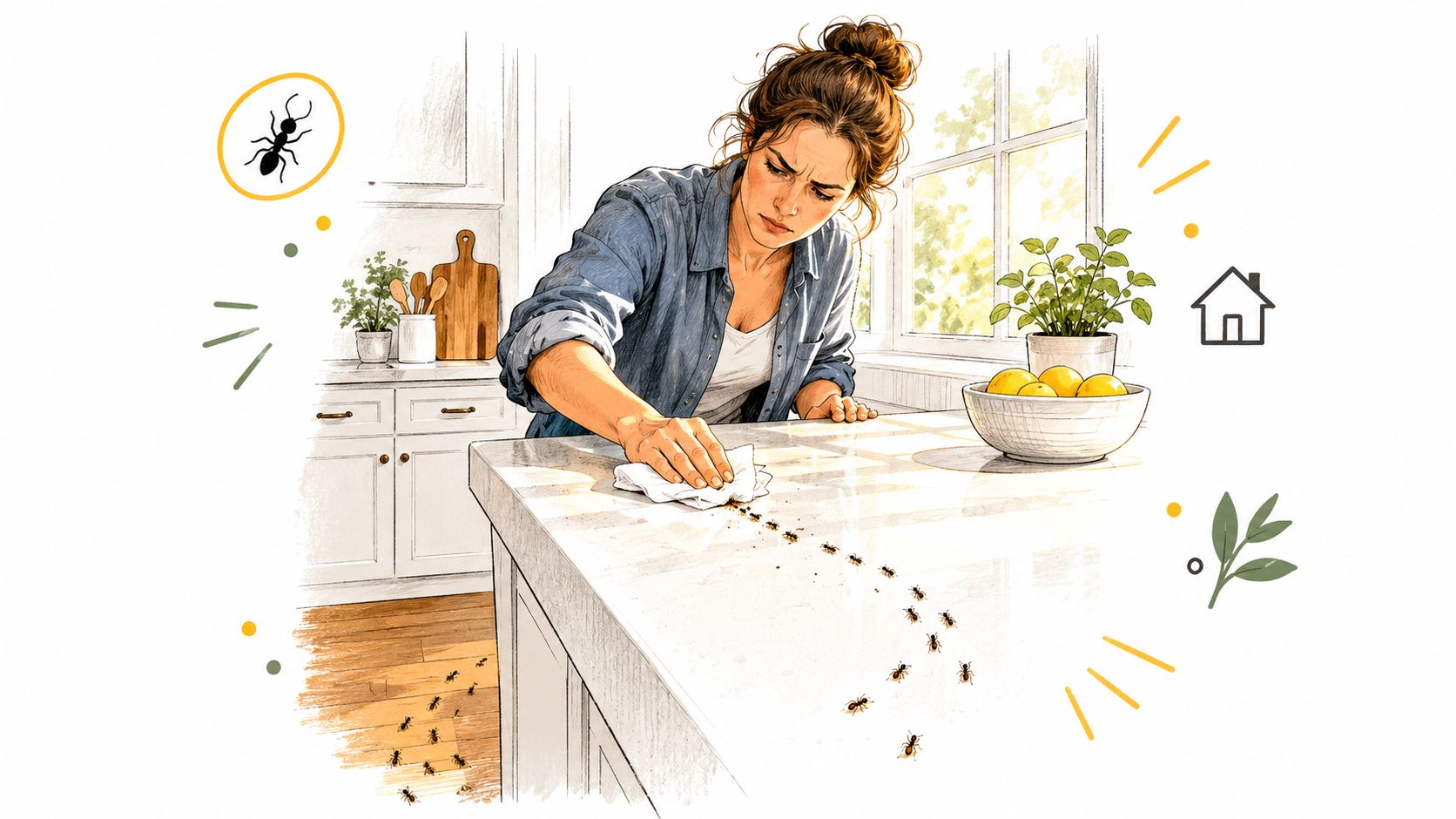 A woman cleaning a kitchen countertop with a white cloth while ants crawl across the surface.