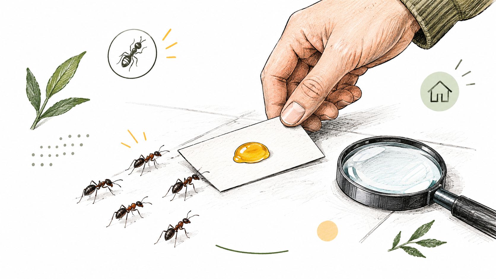 A hand examines ants approaching bait with a magnifying glass to help locate their nest indoors.