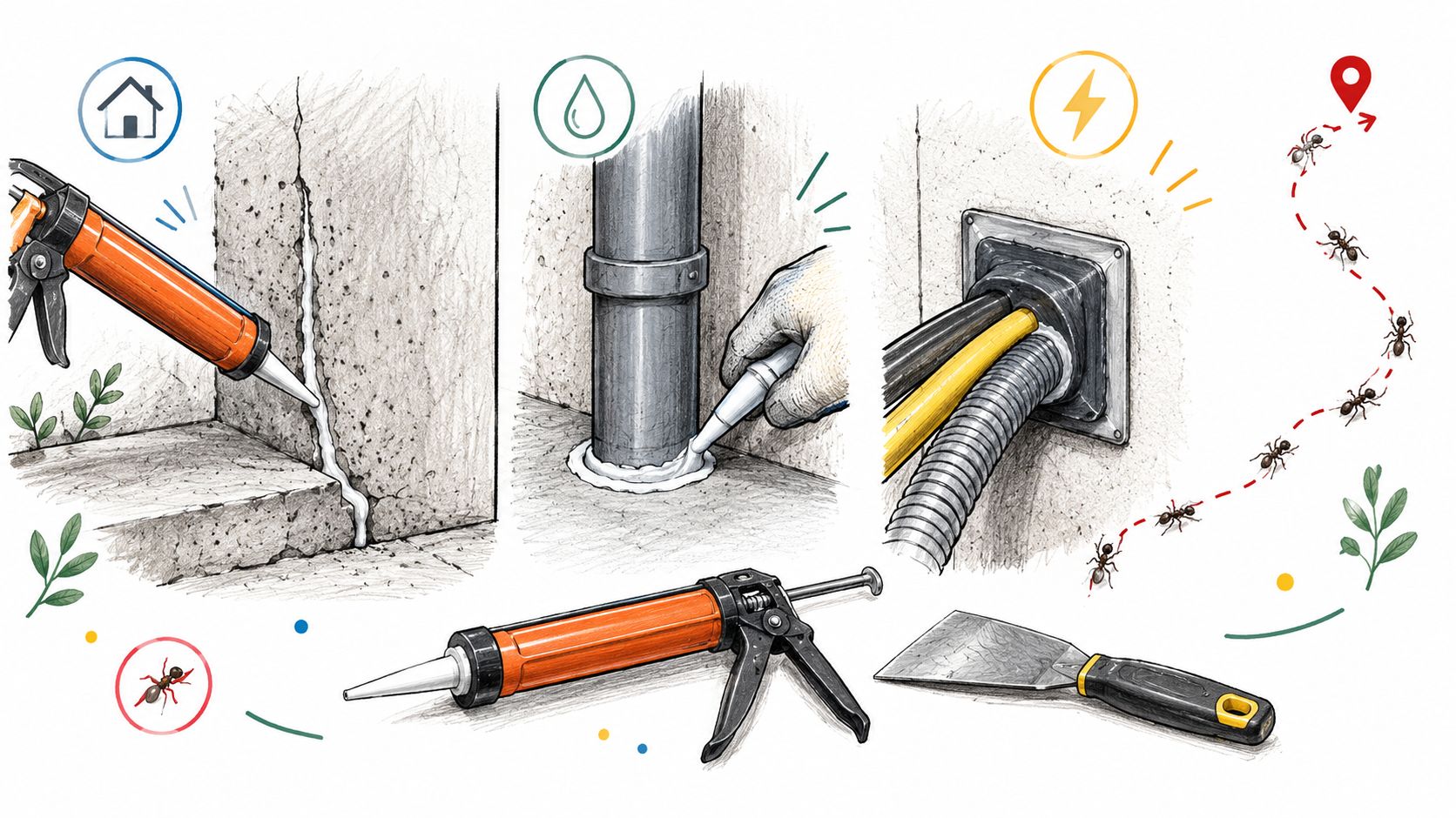 An illustration showing how to seal cracks and utility gaps to prevent ants from entering a house.