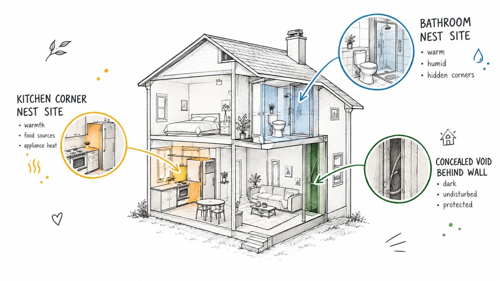A cutaway illustration of a house showing common areas where ants build nests, such as kitchens and bathrooms.
