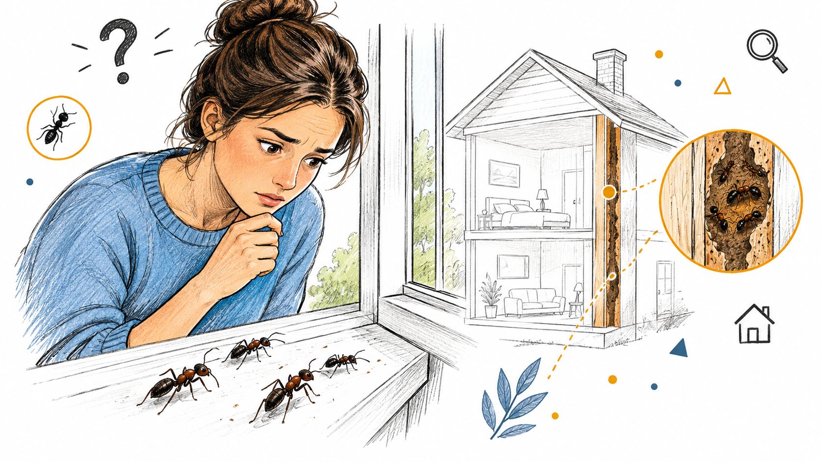 A concerned woman watches ants on a windowsill, with a diagram illustrating carpenter ant nest infestation.