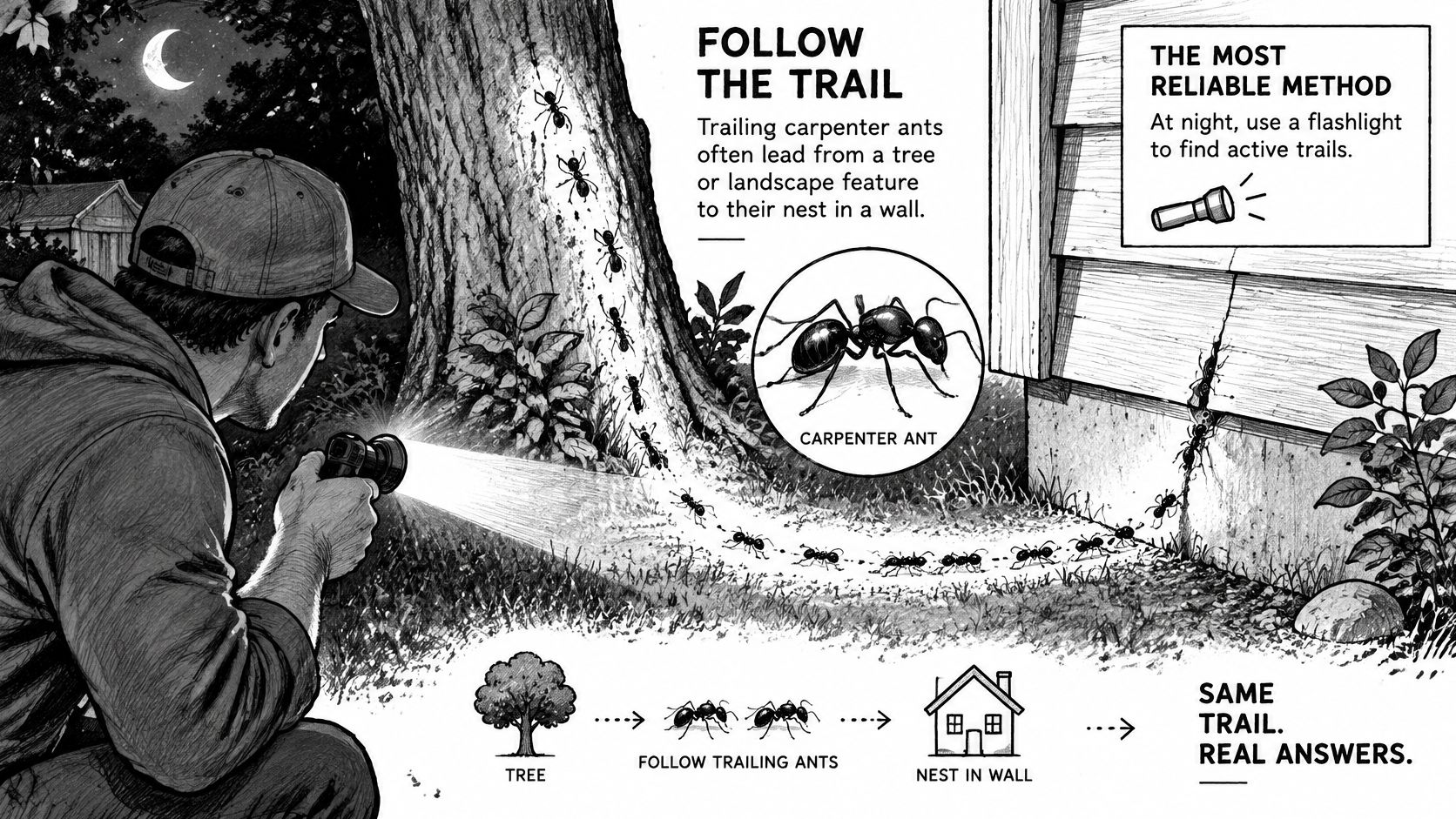 A person using a flashlight at night to track a line of carpenter ants toward a wall.