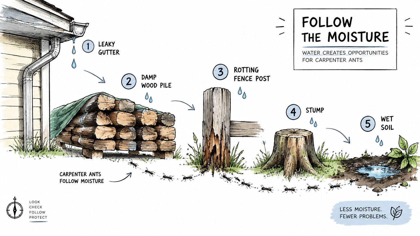 A diagram illustrating how moisture sources like leaky gutters, wood piles, and wet soil attract carpenter ants.