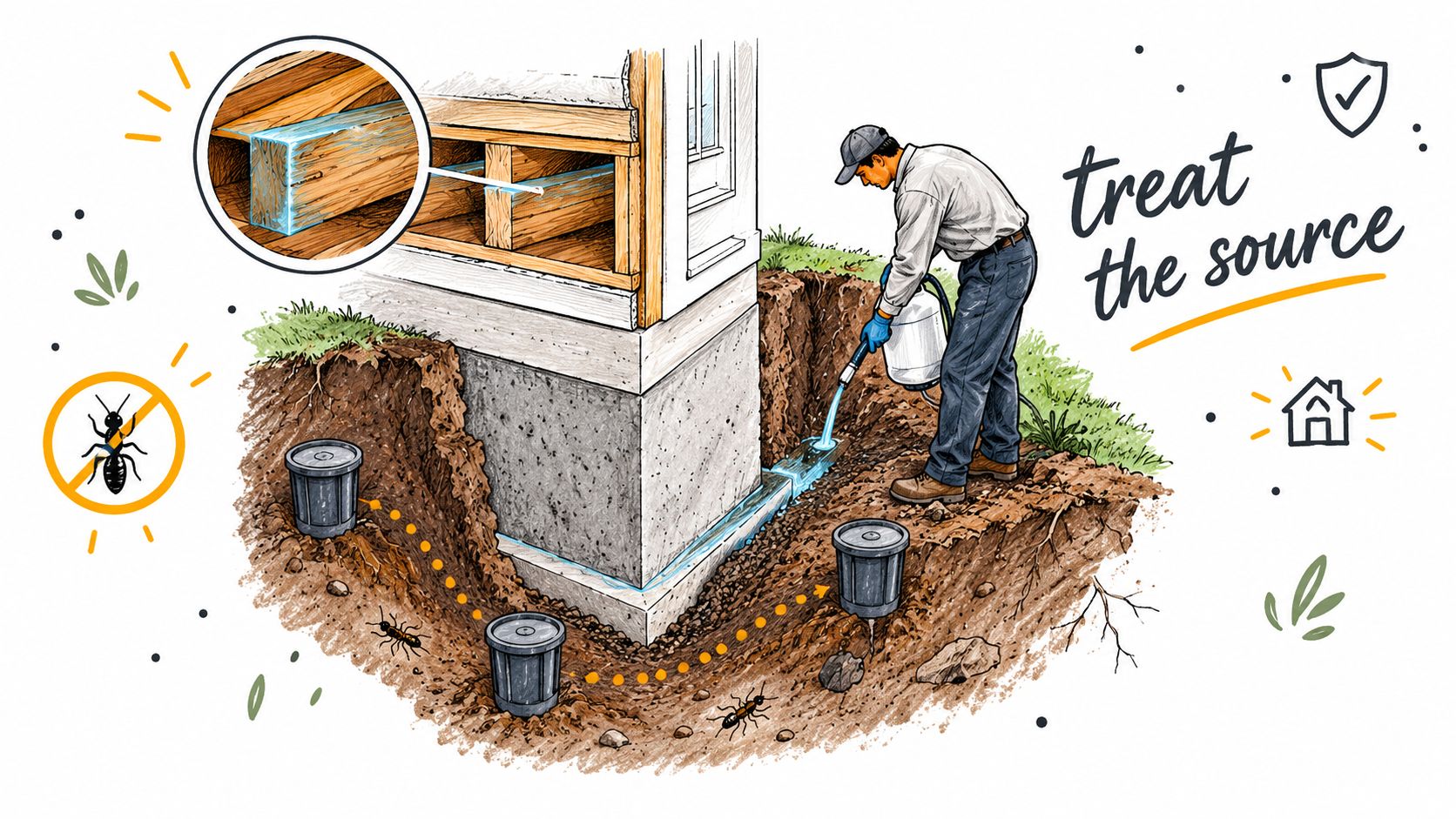 A professional technician treating the soil around a building foundation to prevent and control termite infestations effectively.