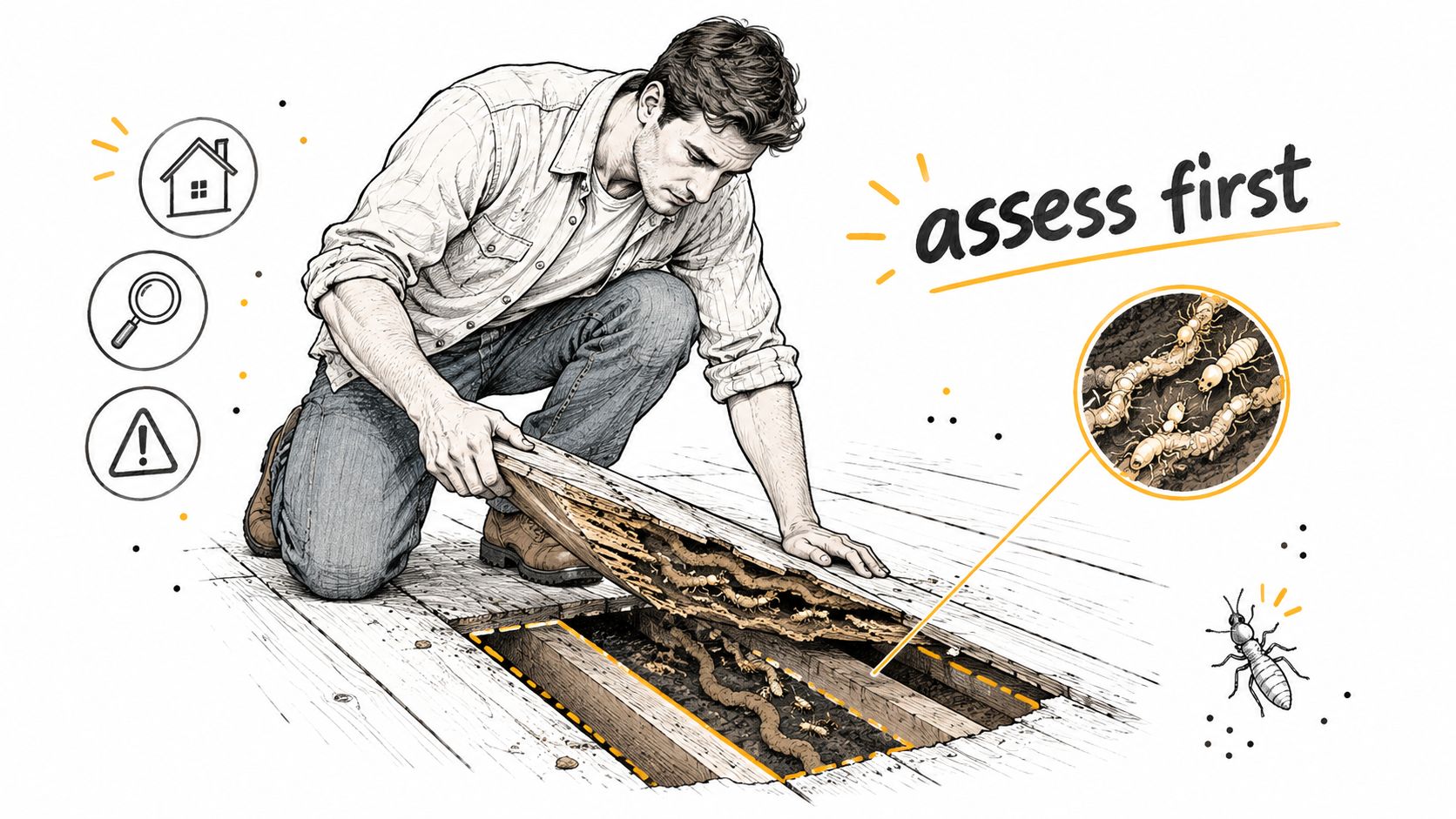 A professional inspects termite damage in floorboards as part of a home pest assessment and inspection.