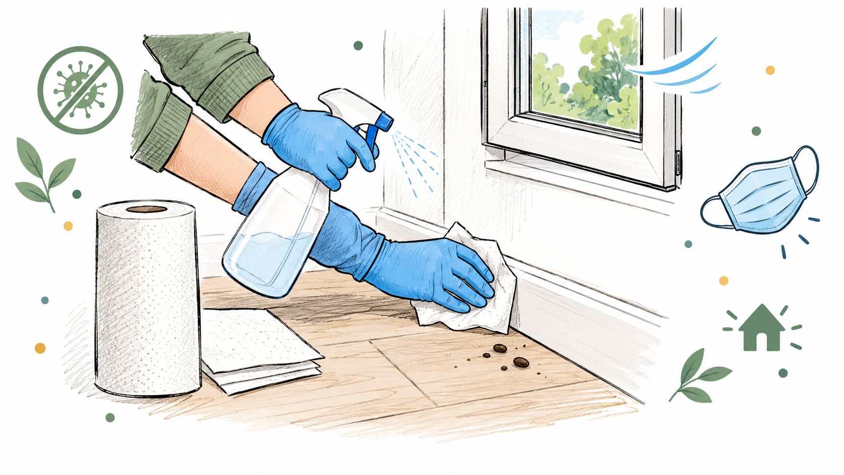 A person wearing blue gloves using a spray bottle and paper towel to clean a dusty floor.