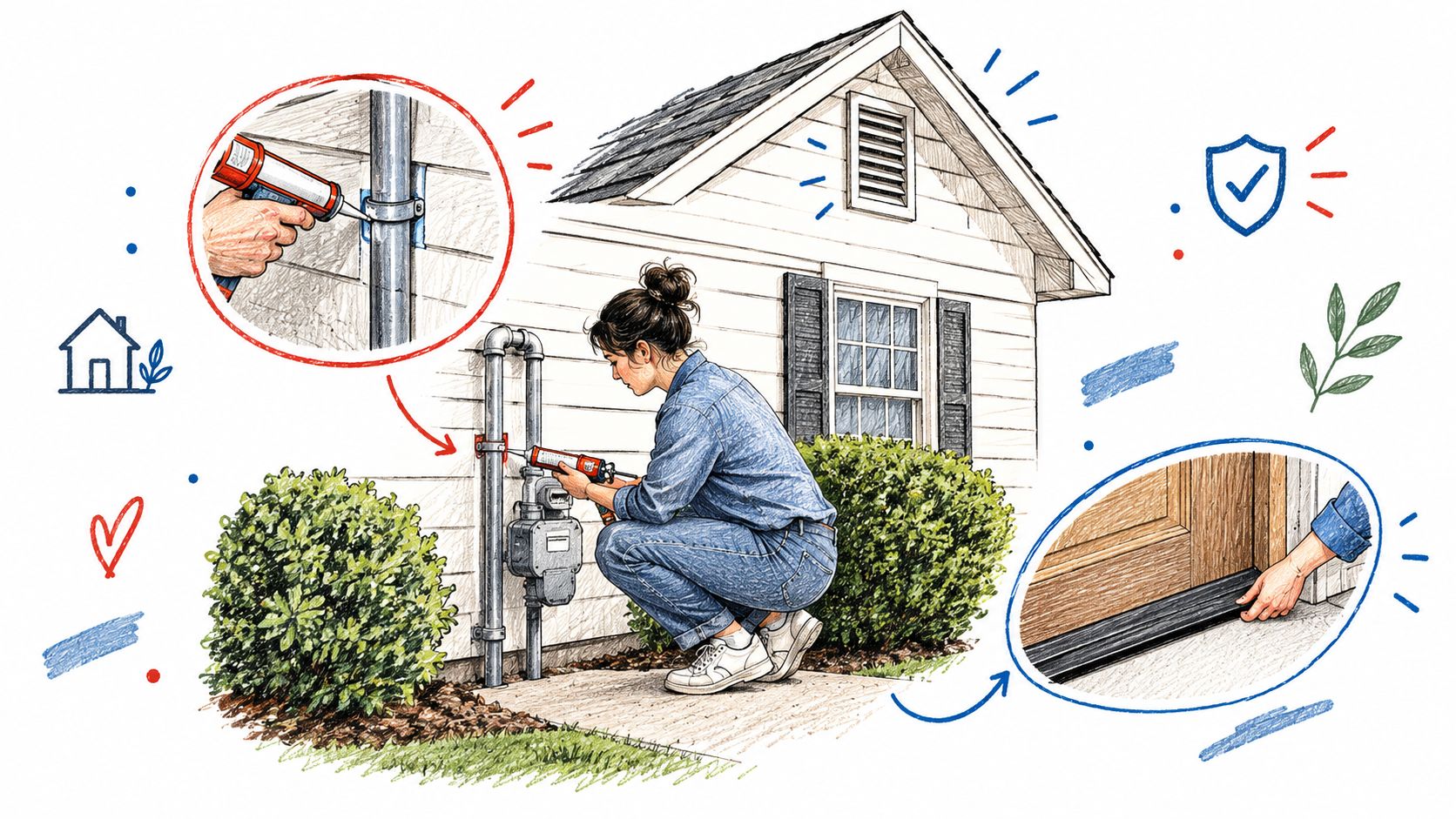 A person sealing gaps around exterior pipes and a door to prevent mice from entering the home.
