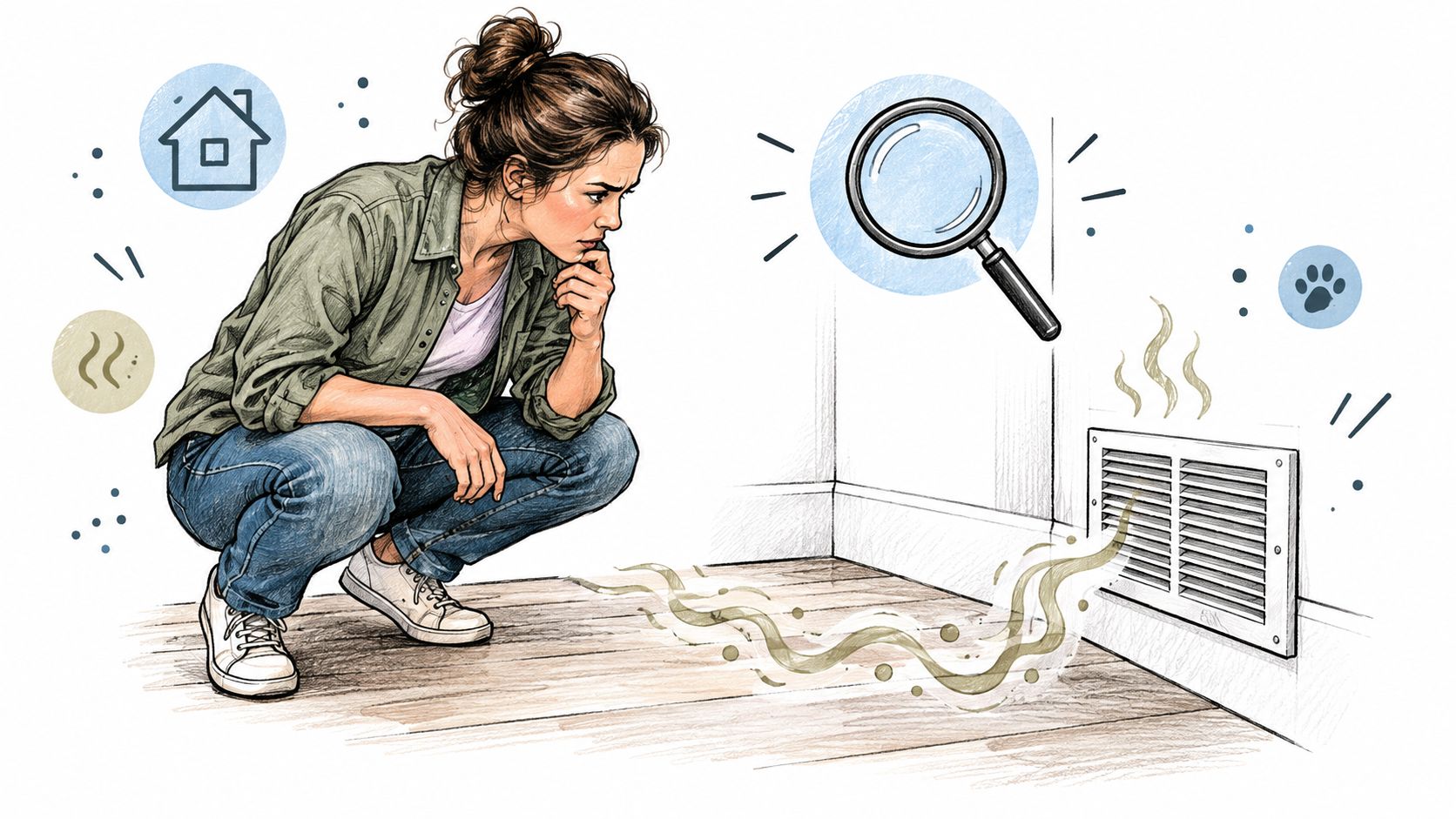 A woman crouches on a wooden floor, investigating an unpleasant odor emanating from a wall air vent.