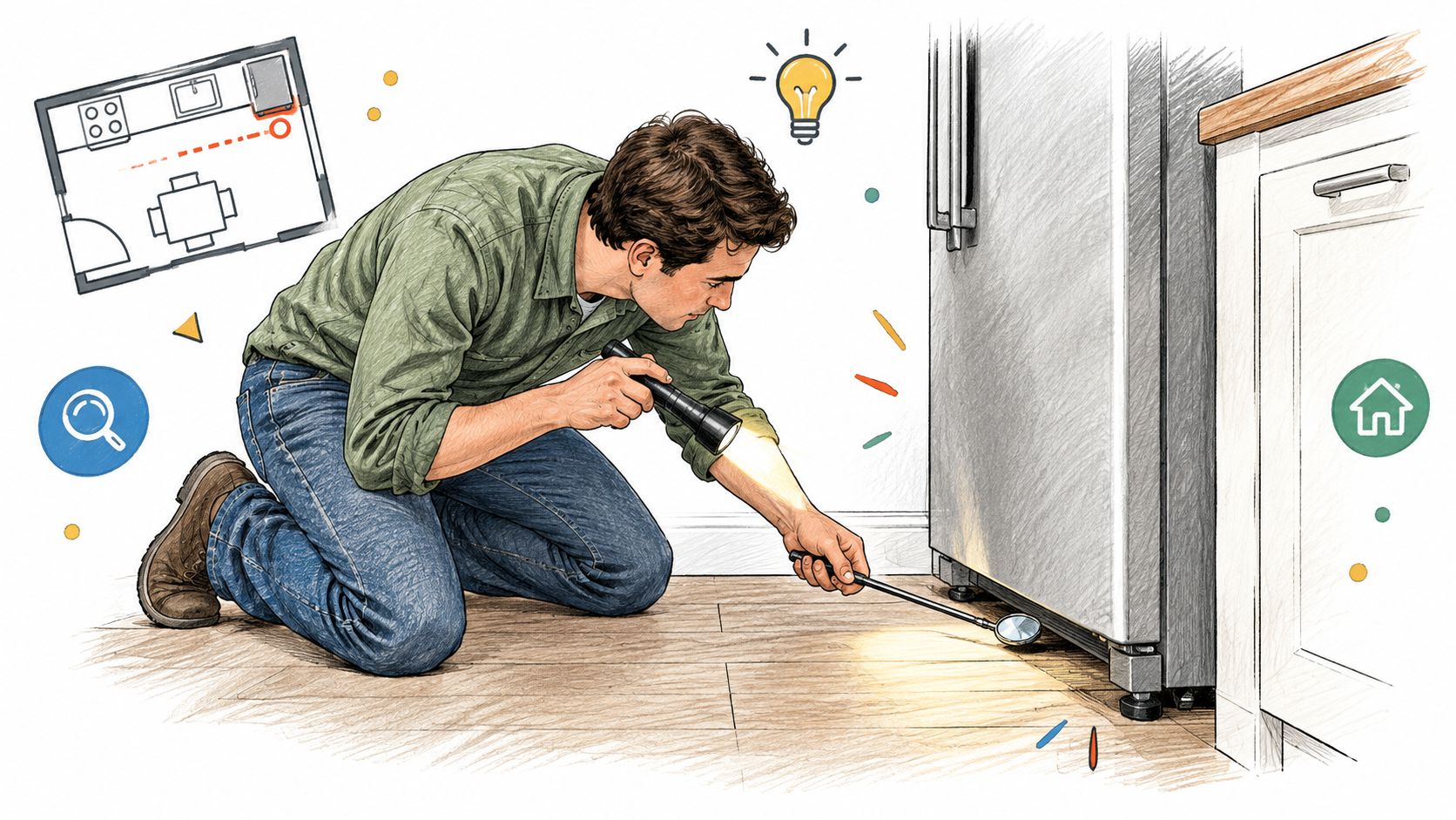A man uses a flashlight and inspection mirror to look for pest issues under a kitchen refrigerator.