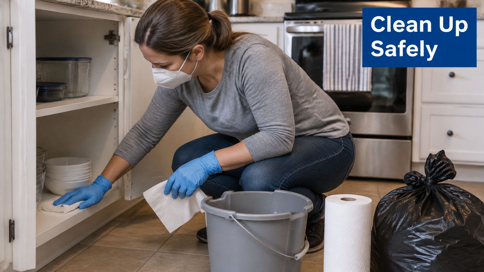 A woman wearing a face mask and protective gloves cleans inside a kitchen cabinet with paper towels.