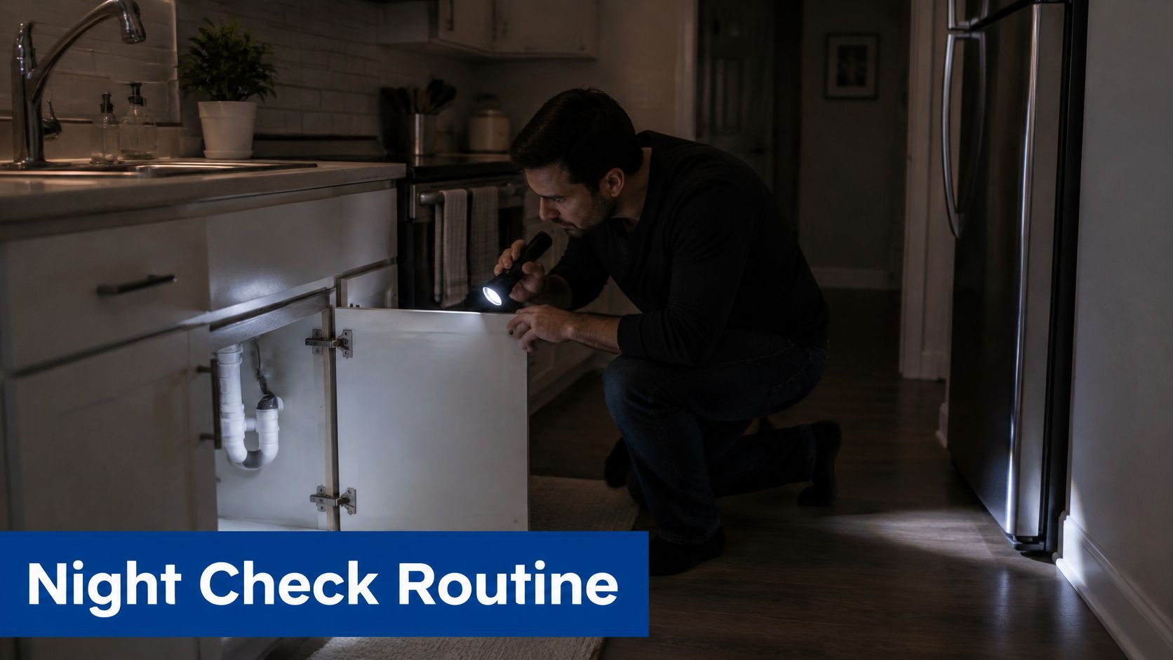 A man using a flashlight to inspect the plumbing under a kitchen sink during the night.