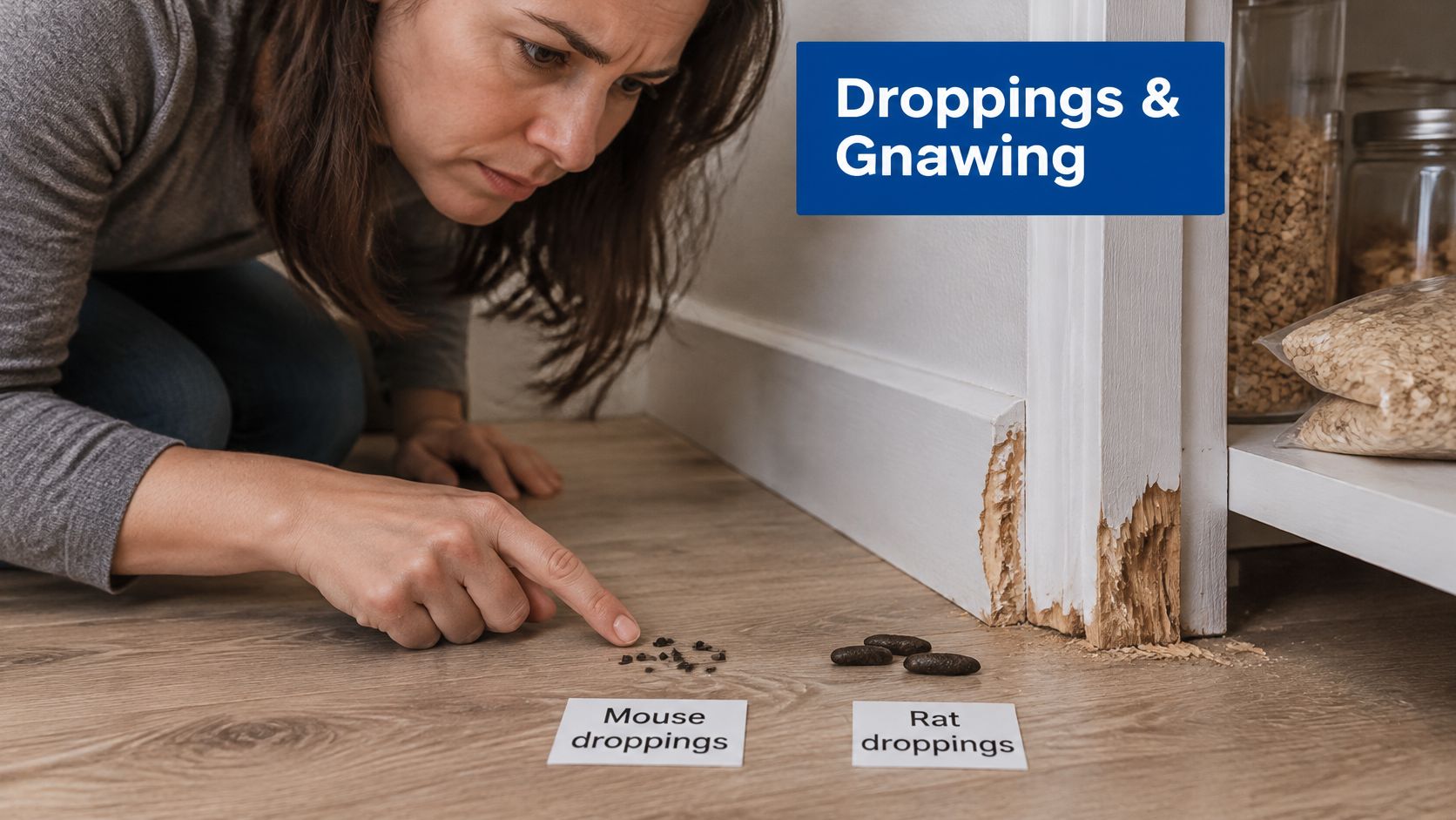 A woman inspecting mouse and rat droppings on the floor next to gnawed woodwork in a house.