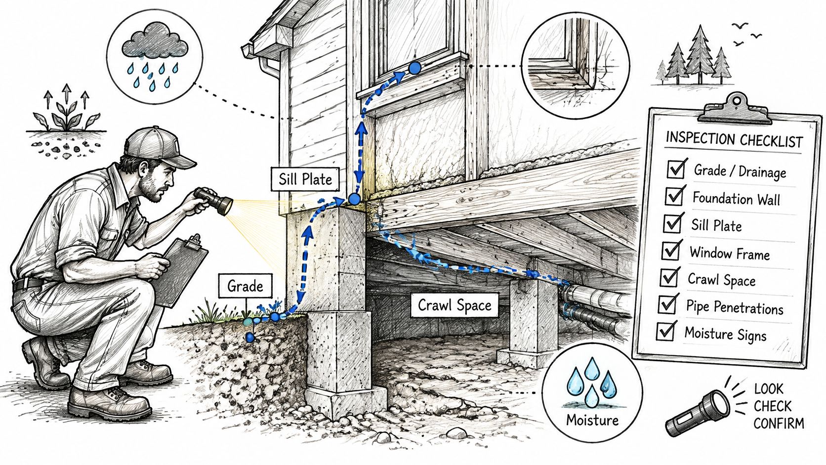 A professional home inspector checks for moisture and structural issues around a building foundation and crawl space.