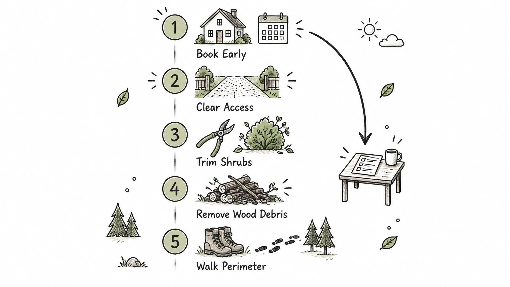 A five-step infographic showing how to prepare your property for a professional termite inspection.