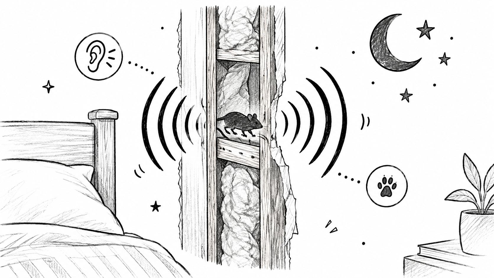 A line drawing illustration showing a mouse moving inside a home wall structure during the night.