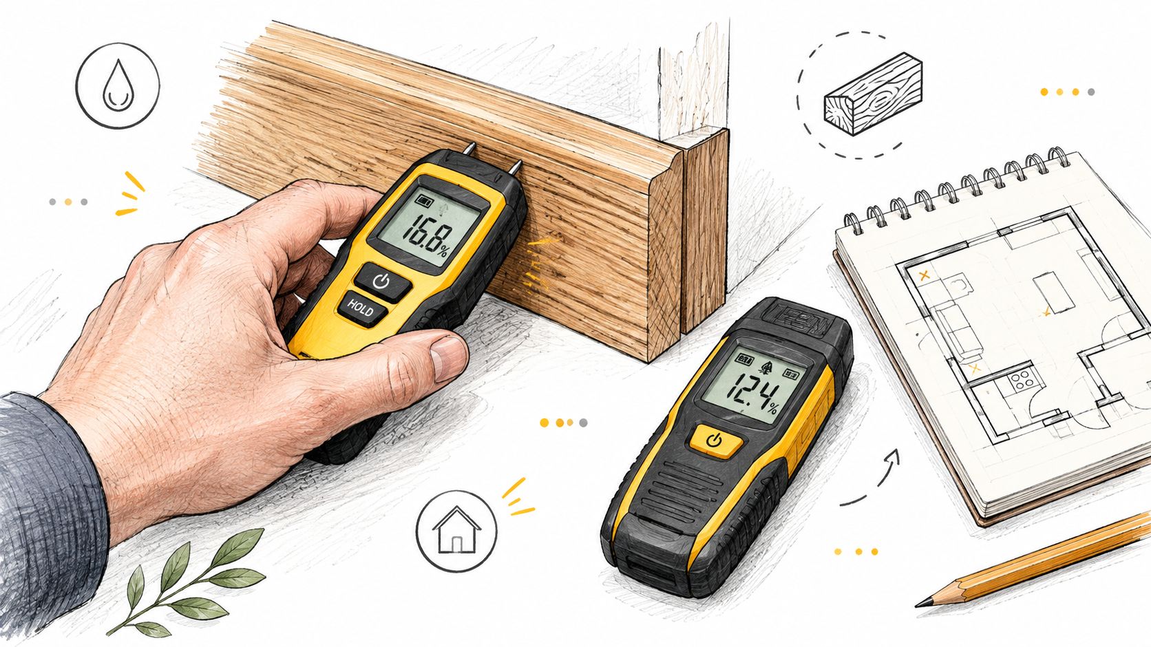 A hand using a digital moisture meter on a wooden beam near a house floor plan sketch.