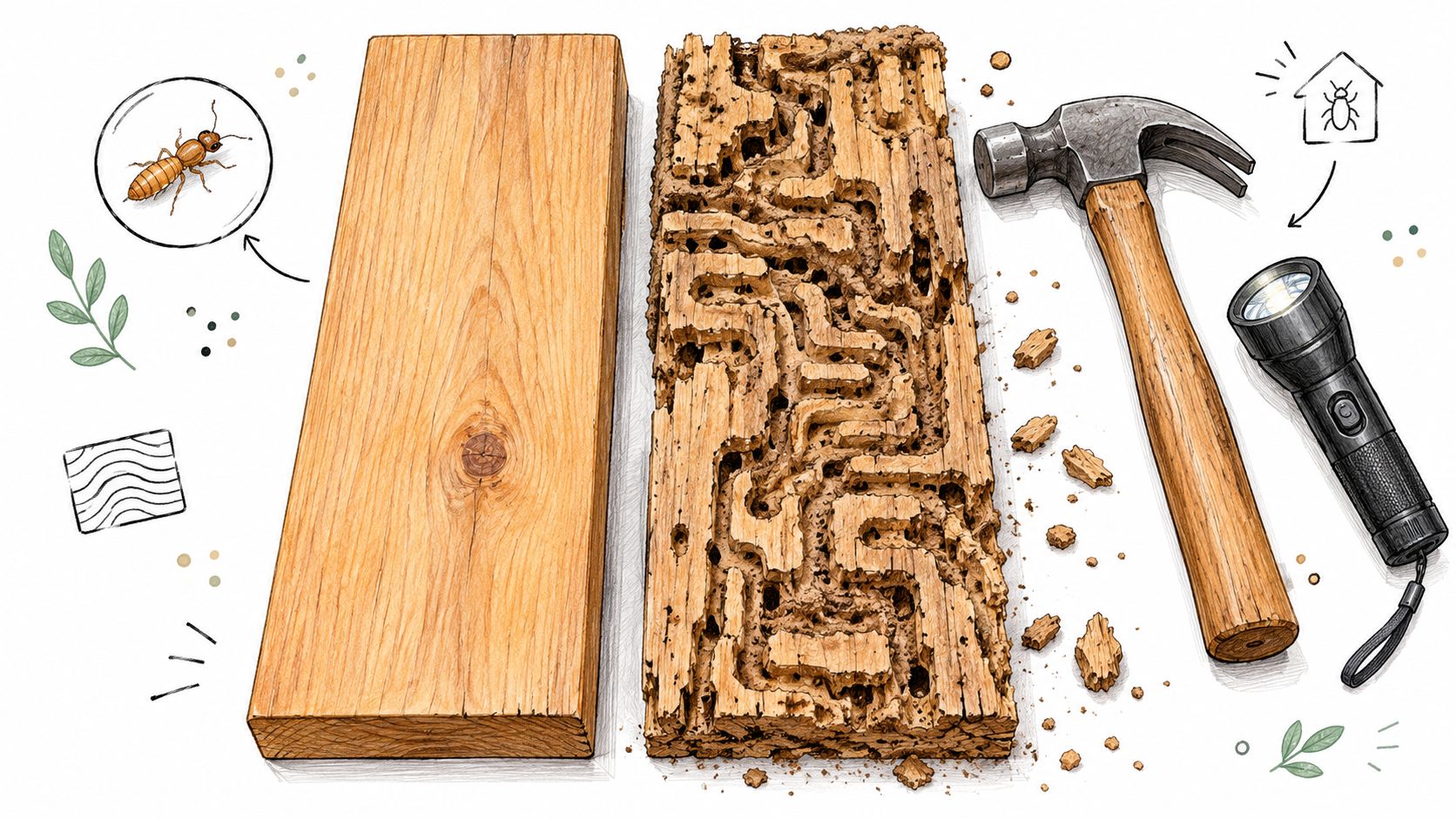 A split comparison showing a solid wooden board and a wood piece damaged by termite infestation tunnels.