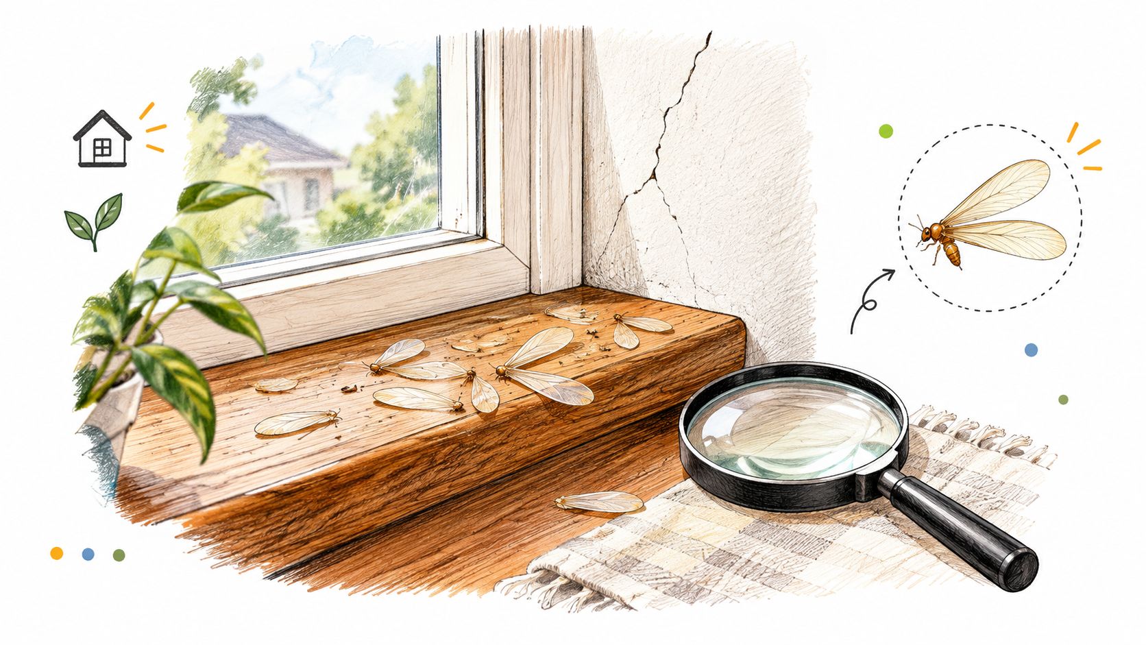 A close-up illustration of shed termite wings on a wooden windowsill next to a magnifying glass.