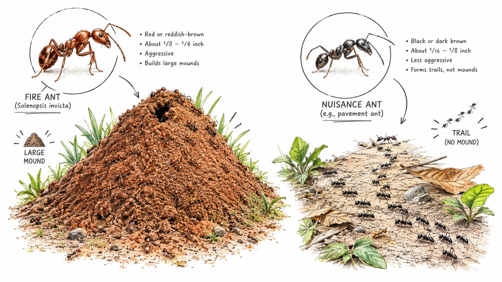 An educational illustration comparing fire ants building large mounds with nuisance pavement ants forming long trails.
