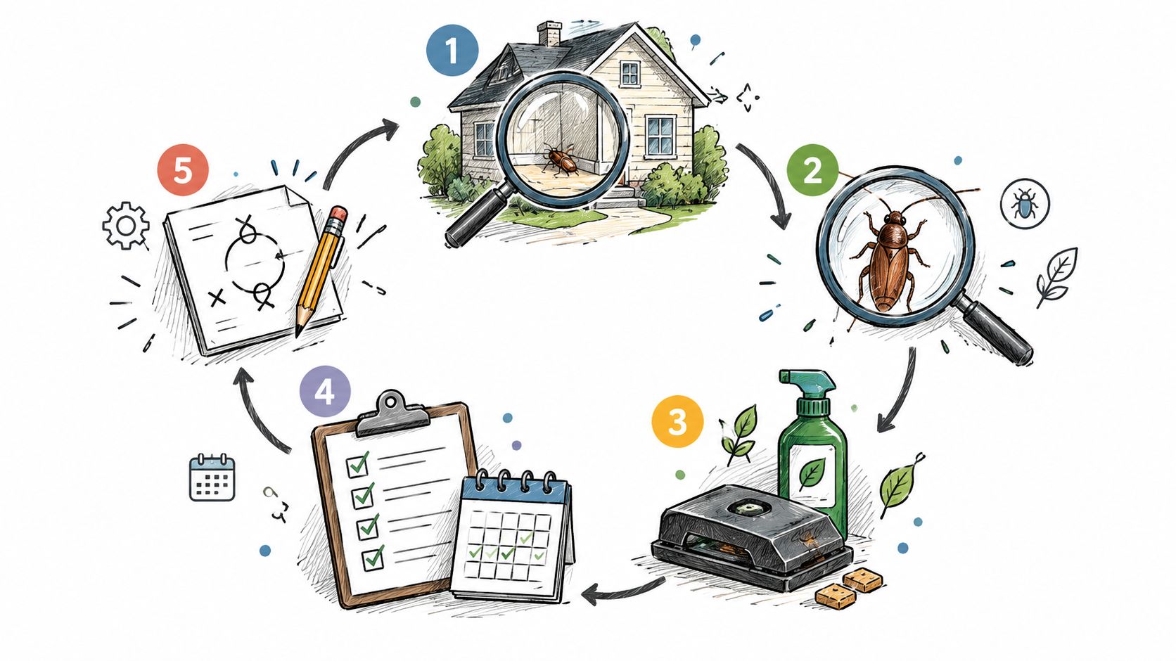 A cyclical process diagram illustrating five steps of professional residential pest control and management services.