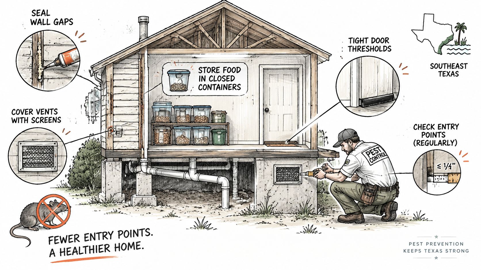 A professional pest control technician demonstrates tips for sealing a home to prevent rodent infestations effectively.