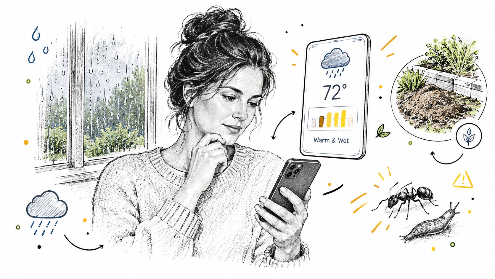 A woman looks at her phone checking a pest control weather app near a rainy window.