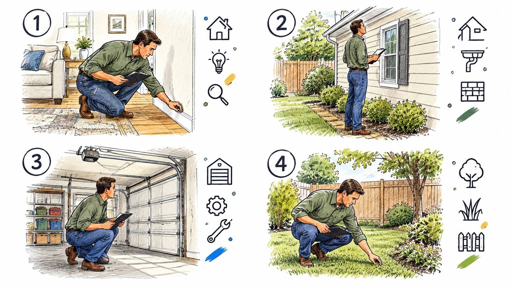 A professional home inspector checks interior, exterior, garage, and yard areas for property maintenance and pests.