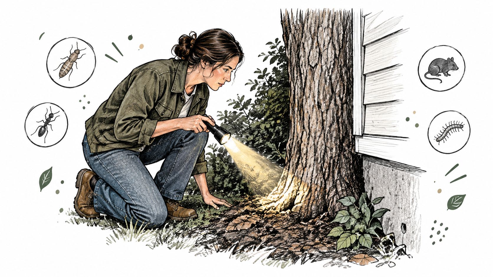 A professional inspector uses a flashlight to check a tree near a house for pest infestation symptoms.