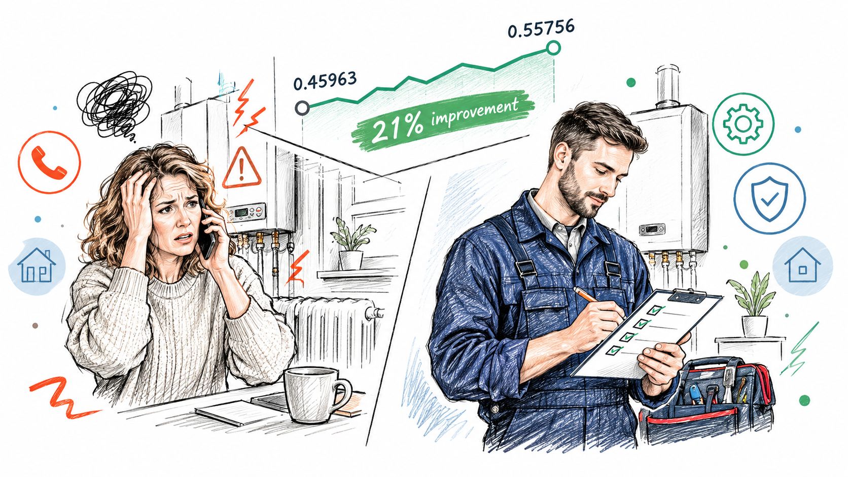 A distressed woman on the phone with a technician conducting a preventive maintenance plan on a boiler.
