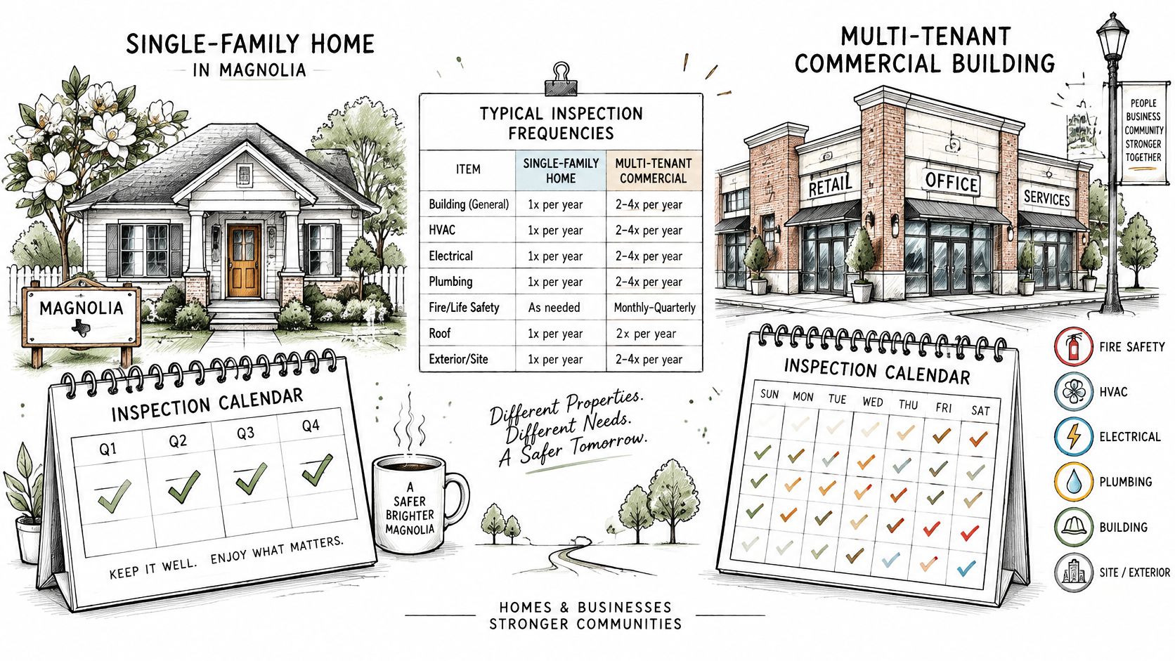 A comparison chart showing typical inspection frequencies for single-family homes versus multi-tenant commercial buildings for maintenance planning.