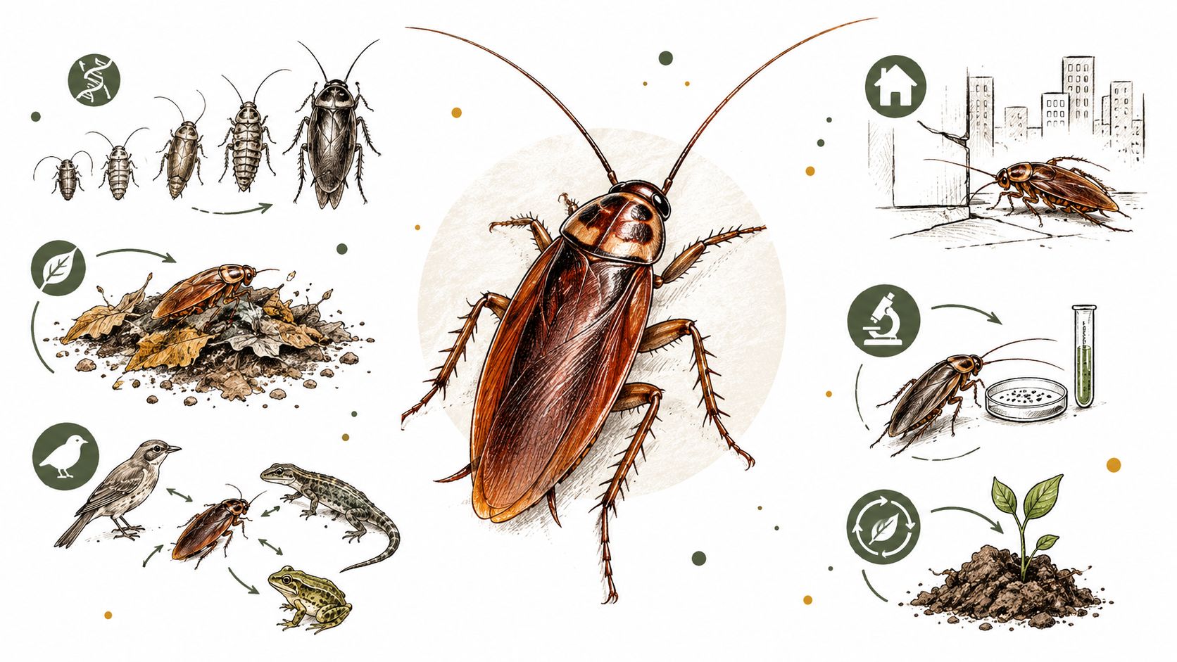 An illustration showing the life cycle, habitat, ecological role, and human scientific study of cockroaches.
