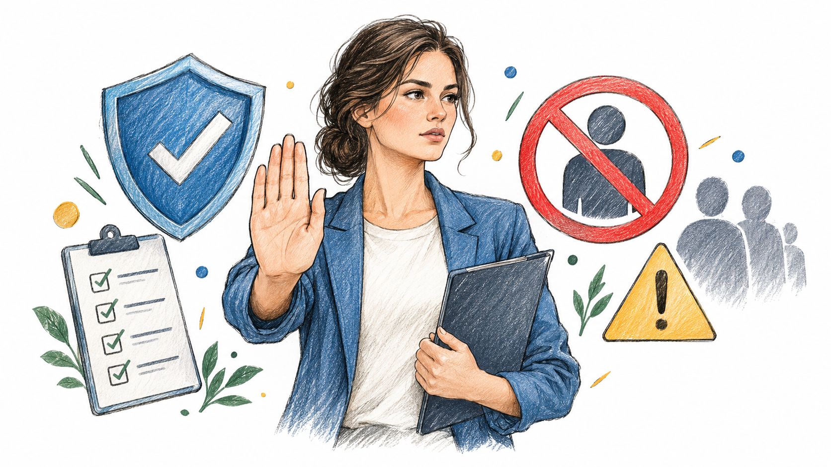 A professional woman holding a folder with a stop gesture surrounded by safety and policy icons.