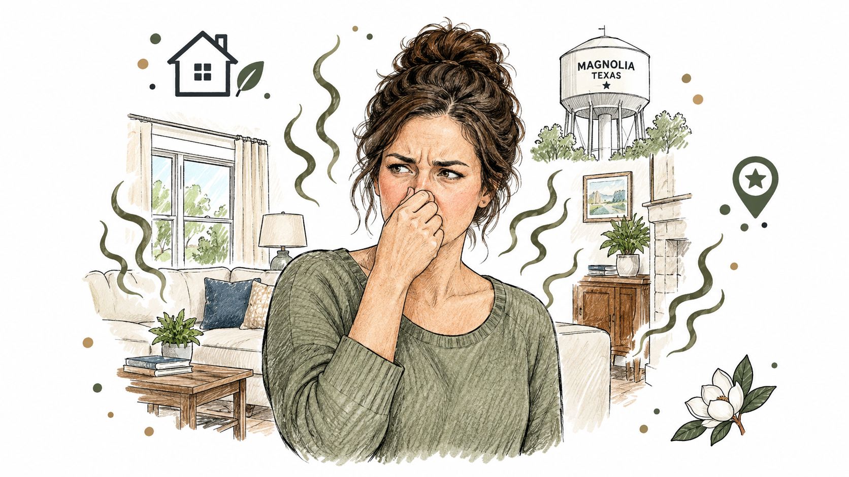 A distressed woman holding her nose due to a bad smell in her living room, Magnolia Texas theme.