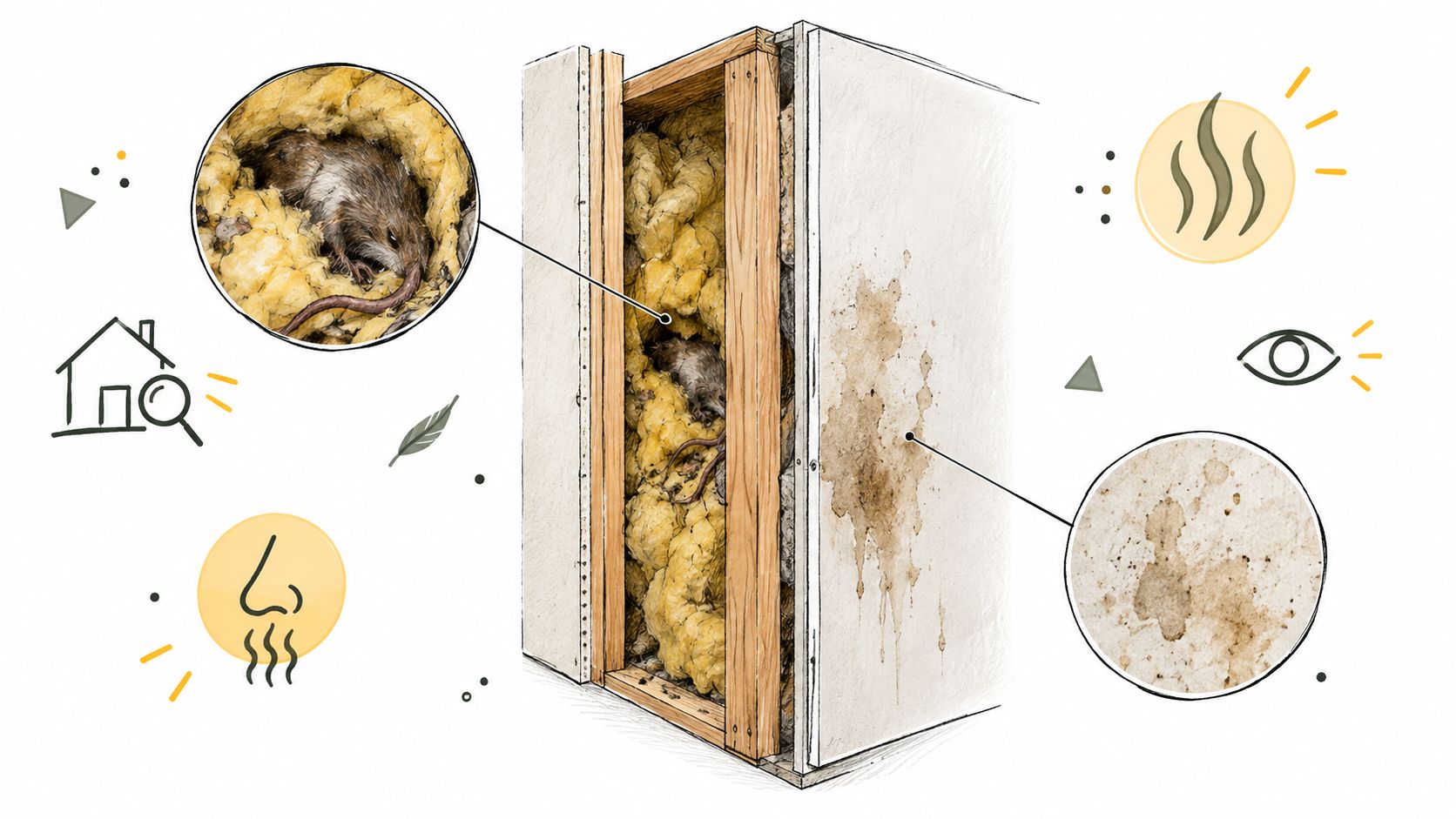 A diagram illustrating a dead rat inside a wall cavity causing stains and bad odors for homeowners.