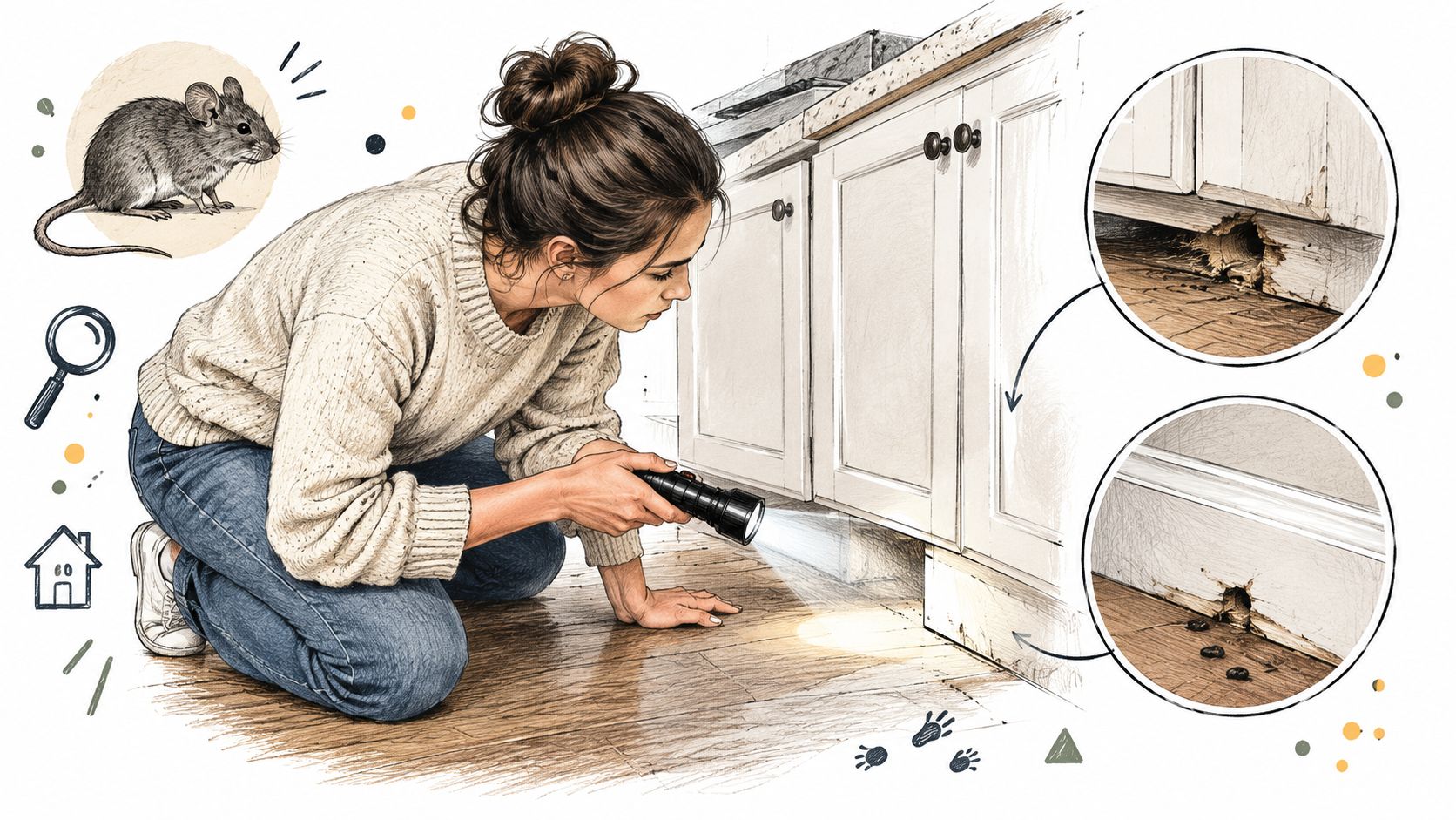 A woman kneeling on a kitchen floor using a flashlight to inspect rodent damage under cabinets.
