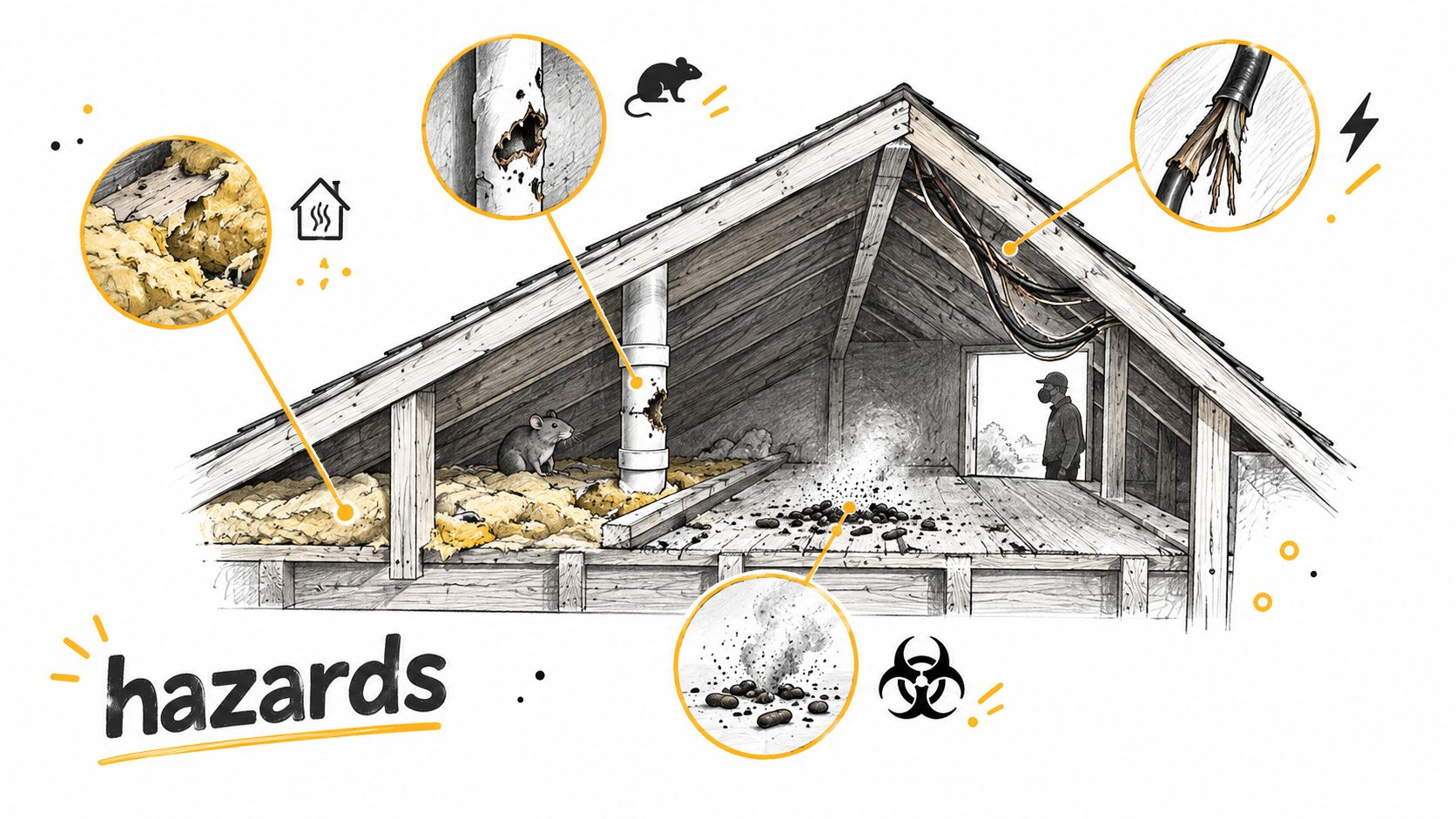A detailed illustration of an attic infested with rodents showing structural, electrical, and health hazards present.