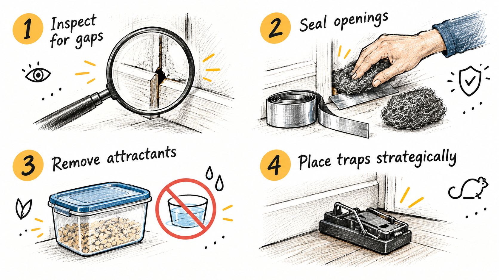 A four-step infographic illustrating how to prevent rats or mice in house using inspection and traps.