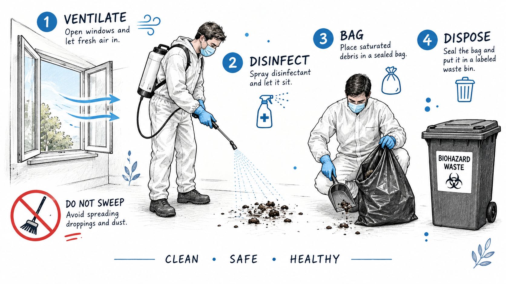 A safety instruction guide illustrating the proper steps to clean up rodent droppings safely while wearing PPE.