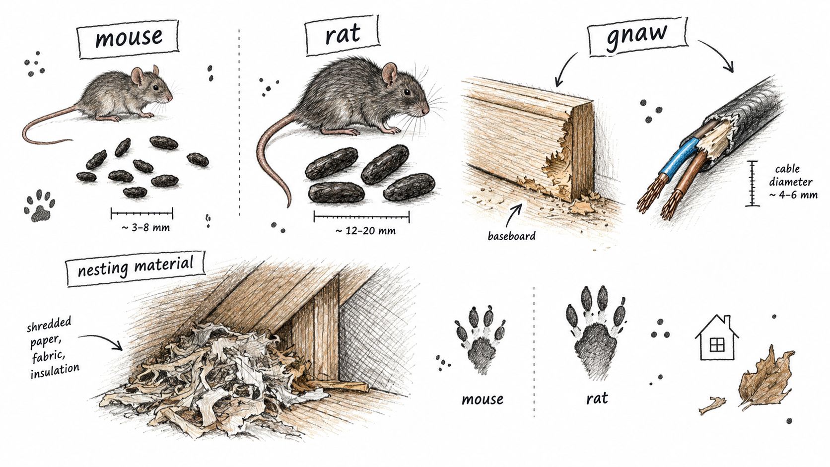 An educational illustration comparing signs of mouse and rat infestations, including droppings, gnaw marks, and nesting materials.