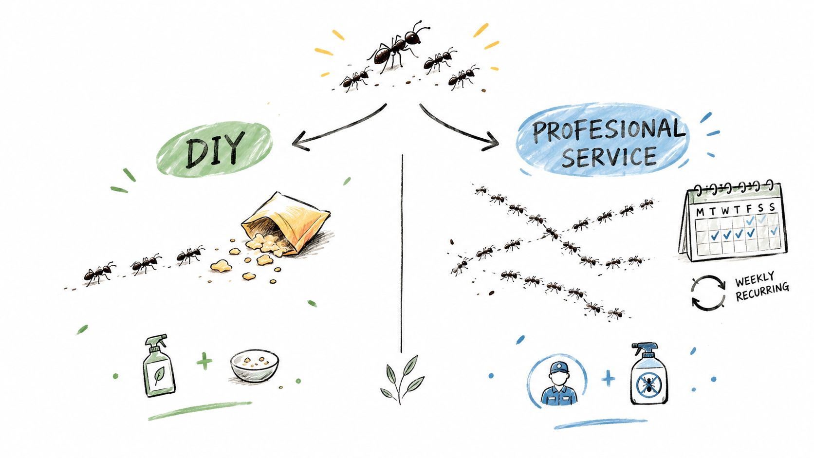 A hand-drawn comparison illustration showing DIY ant control methods versus professional pest control services for homeowners.