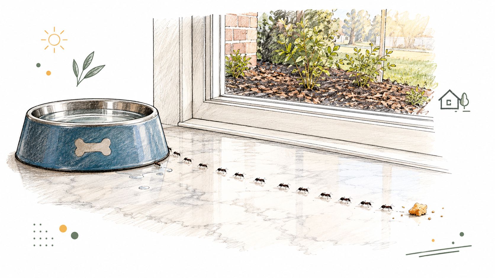 A line of ants trailing across a kitchen floor toward a pet food bowl and a crumb.