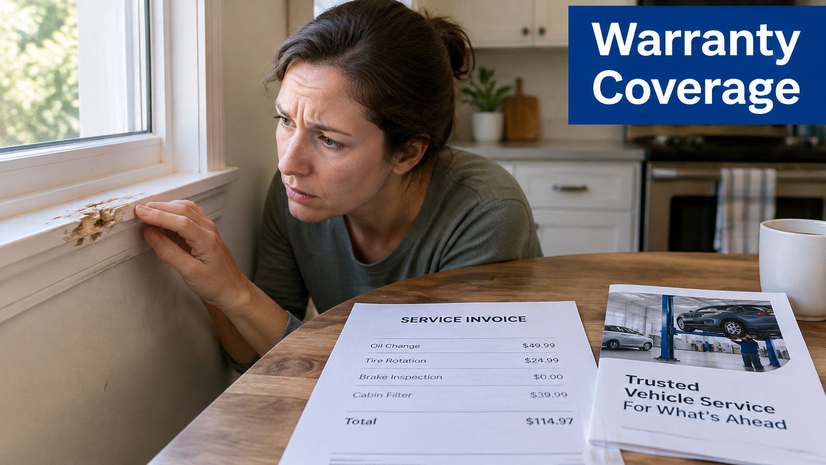 A woman looks concerned at termite damage on a windowsill next to a vehicle service invoice.