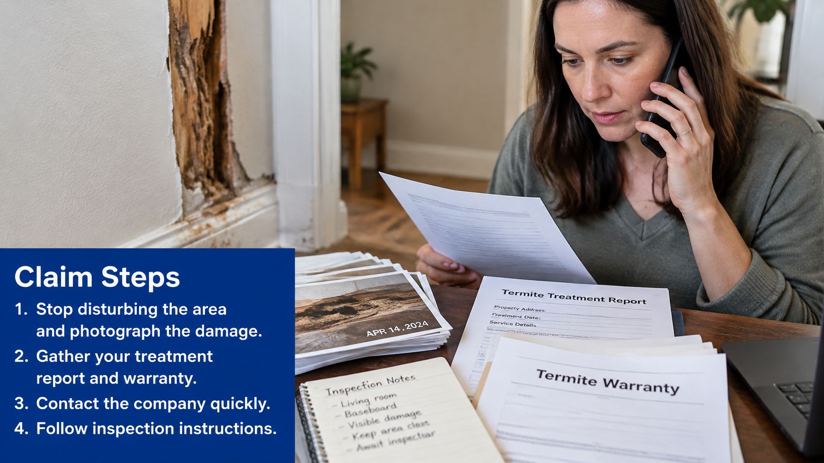 A woman on the phone reviewing termite damage documentation and warranty paperwork after inspecting home damage.