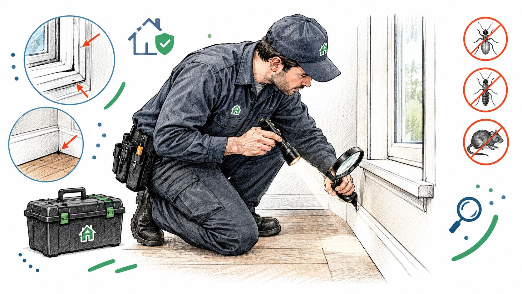 A professional pest control inspector examining a home interior for signs of insects and rodent infestations.