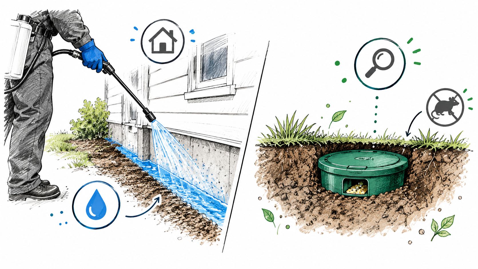A professional technician applying exterior perimeter treatment to a house foundation alongside a subterranean bait station.
